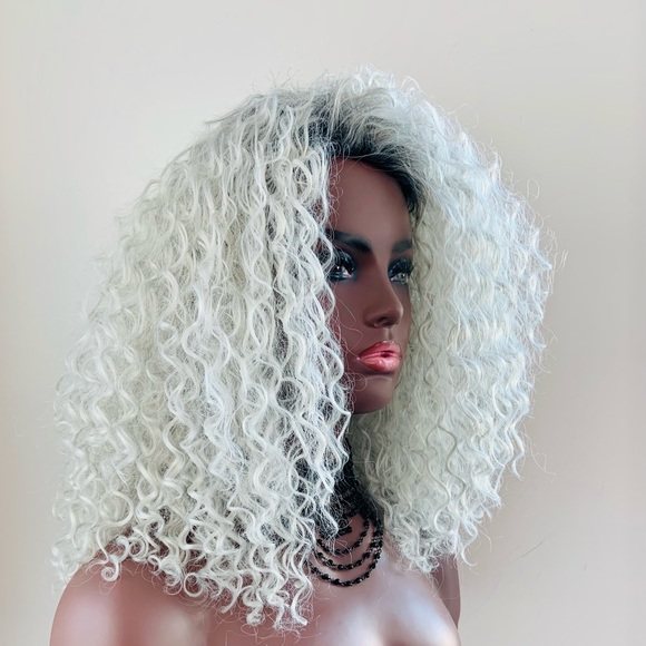 “Put On & Go” Ombre White Grey Premium Fiber Curly Wig for Daily Wear or Events - Picture 3 of 7